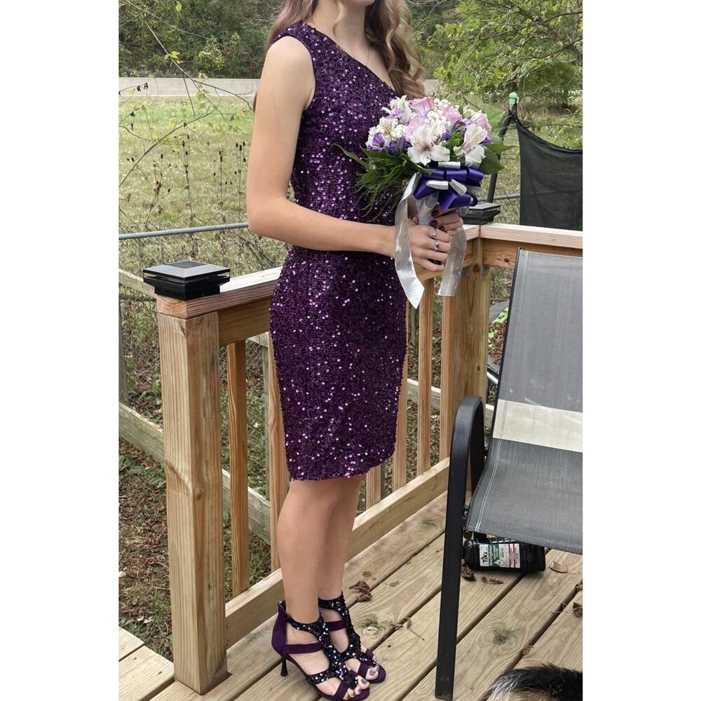Women’s Purple Sequin Short Homecoming/Prom Dress One Sleeve Sz Small Pullover